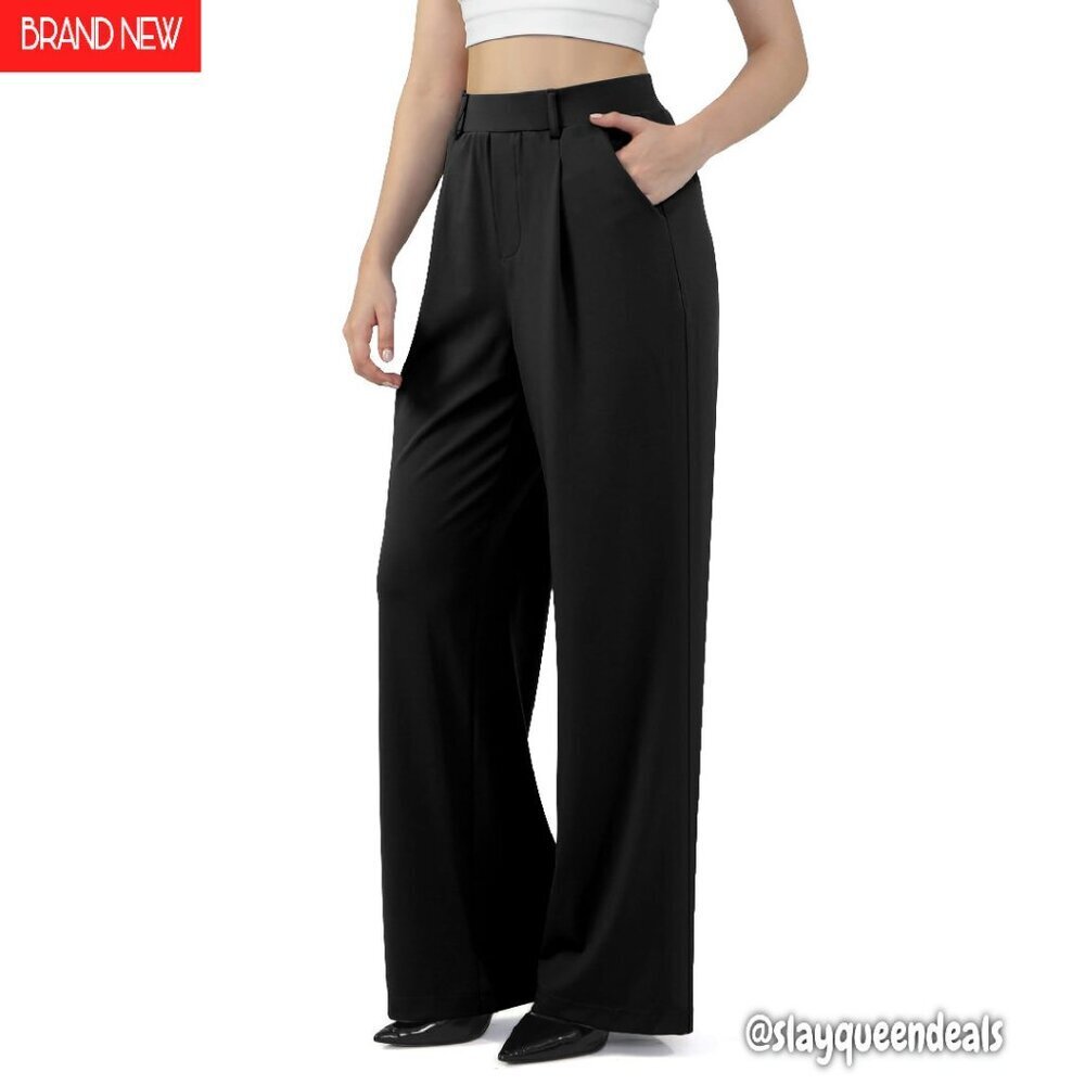 Stretchy Wide Leg Work Pants High Waisted Pull On Office Trousers with Pockets